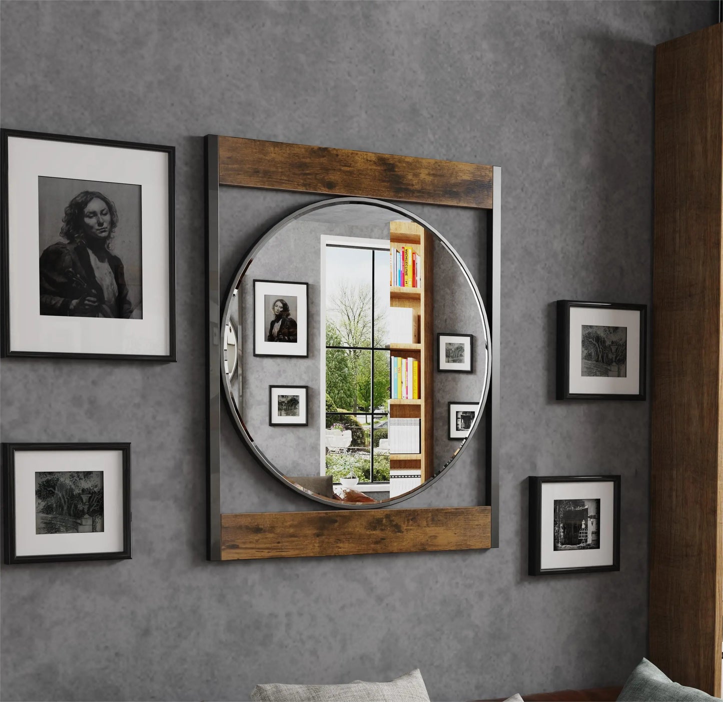 Industrial Metal Wood Framed Wall Mount Mirror For Living Room