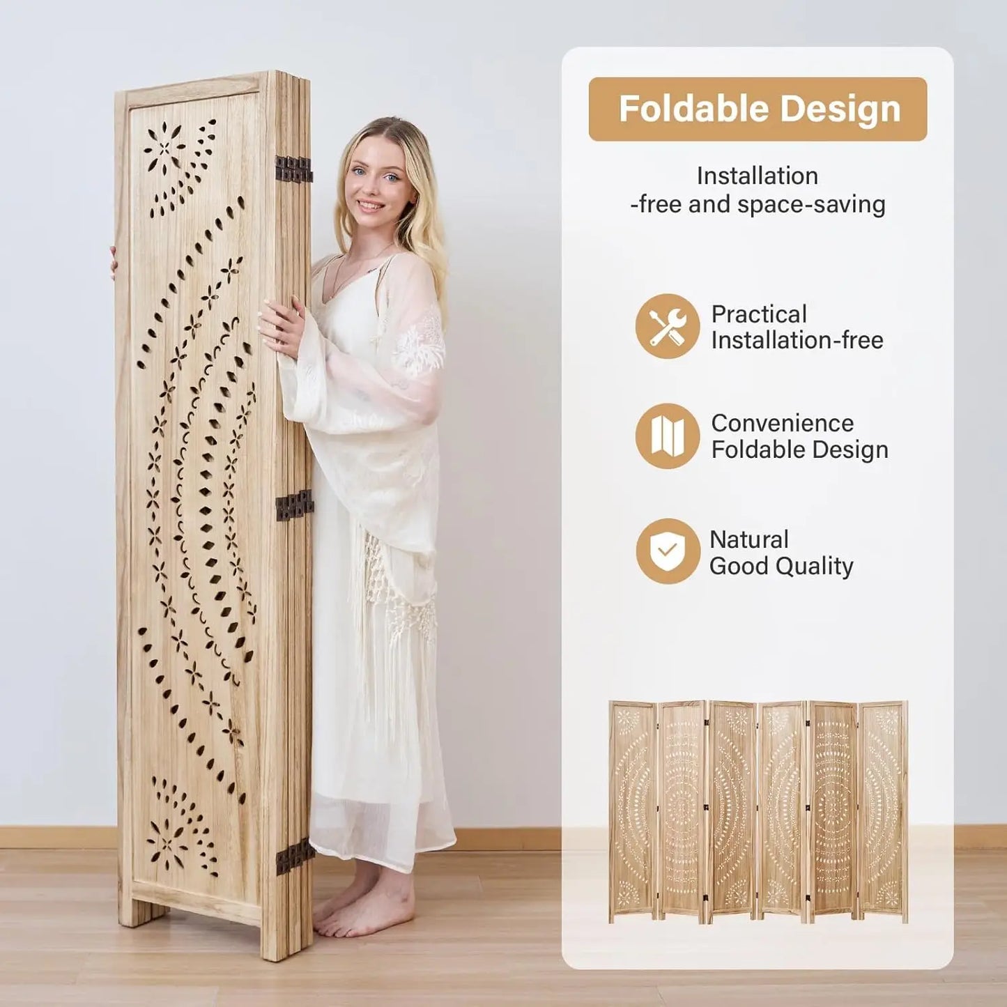 Six Panel Folding Room Divider Privacy Screen For Indoor Use