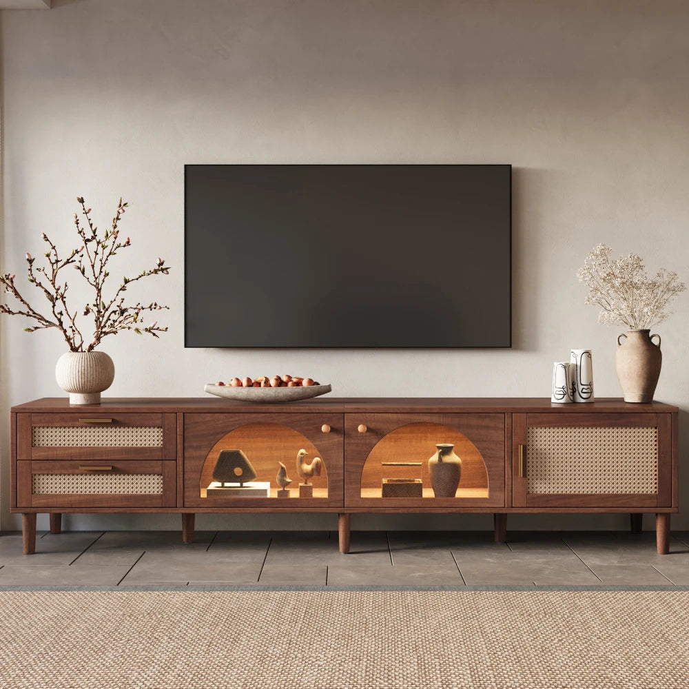 TV Stand With App LED Lights Glass Door Drawers Storage