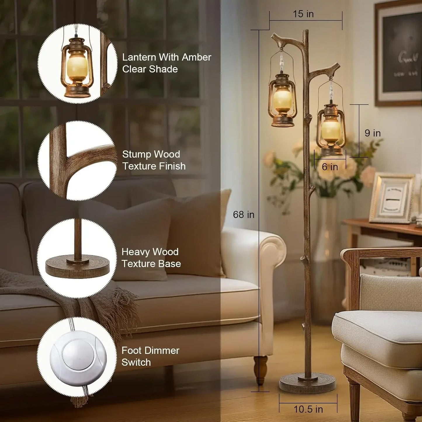 Rustic Farmhouse Tree Trunk Floor Lamp Lantern Dimmable