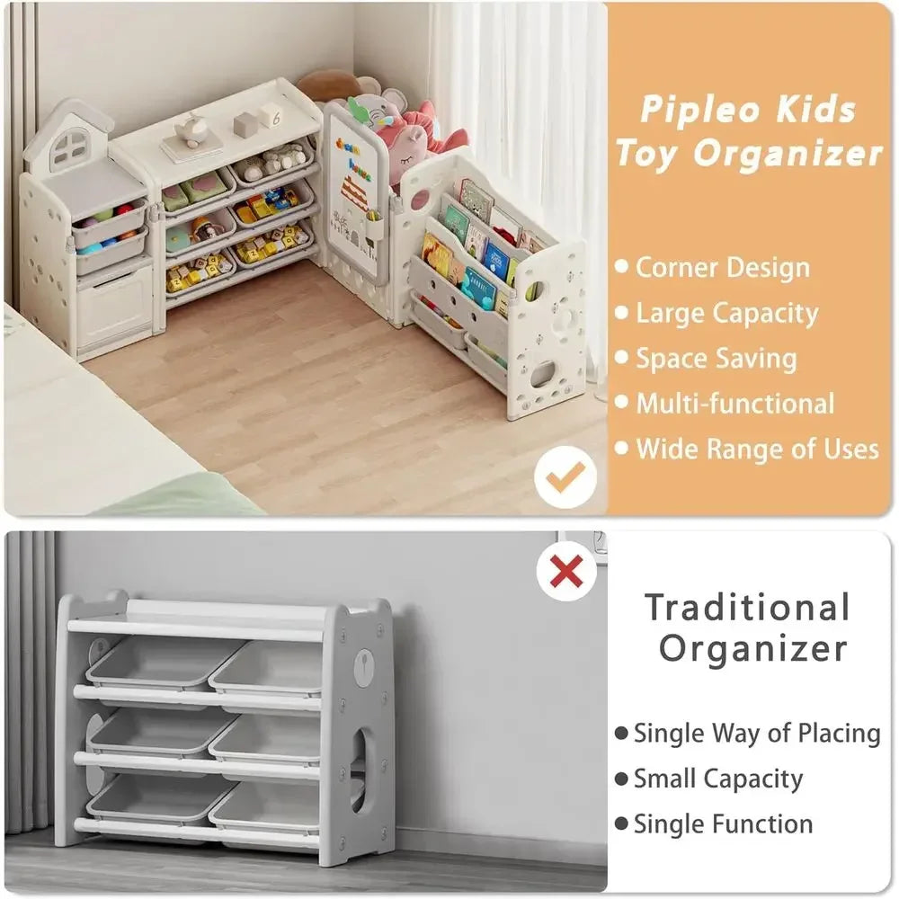 Kids Toy Storage Organizer With 10 Removable Bins And 3 Tier Bookshelf
