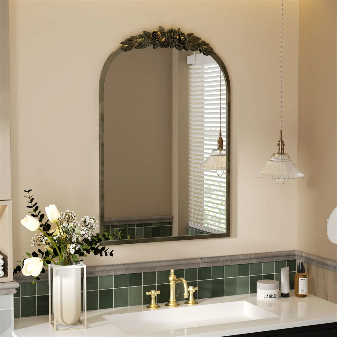 LUVODI Arched Wall Mirror With Metal Frame And Resin Rose Pattern