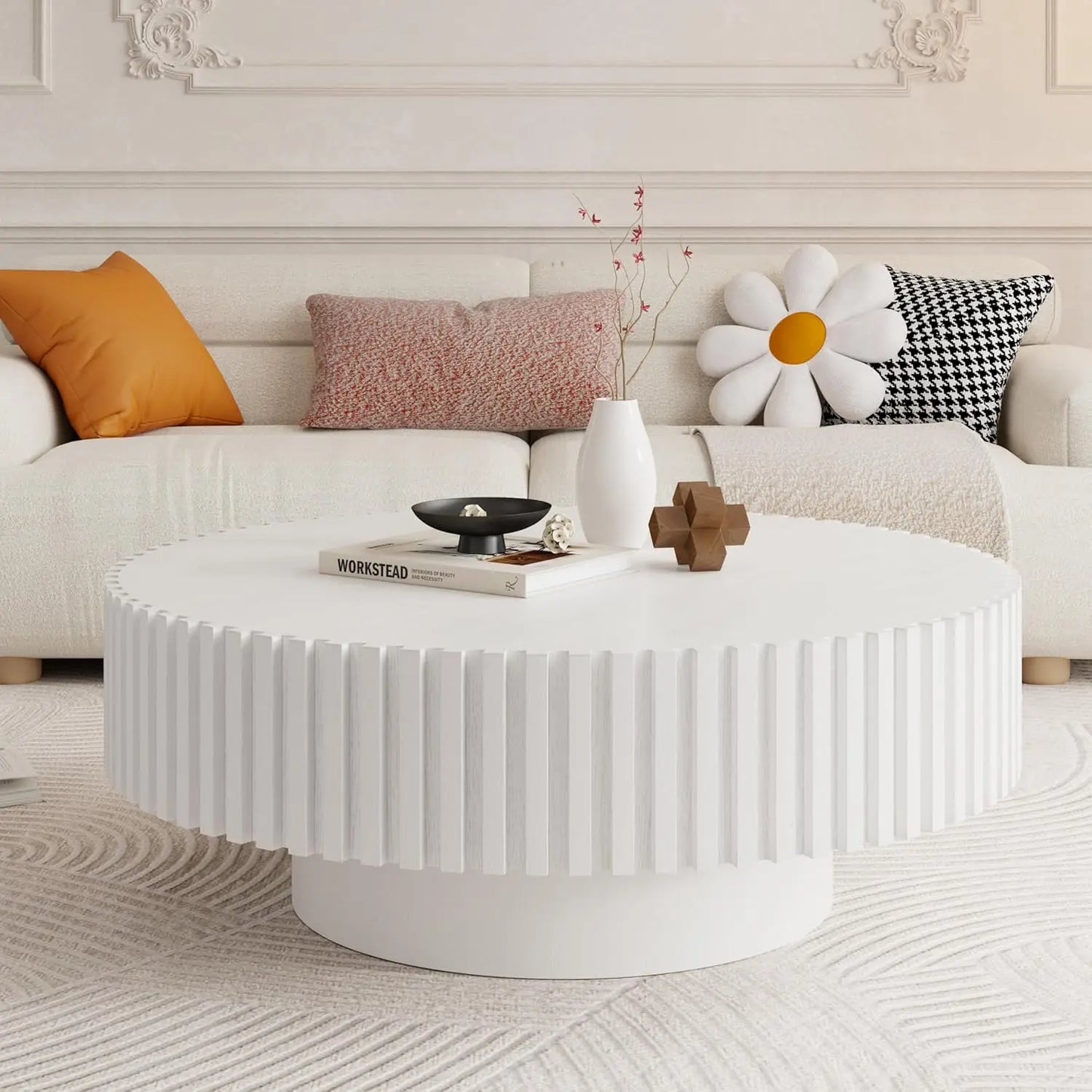 Oak Round Coffee Table Wood Modern Drum Fluted Circle