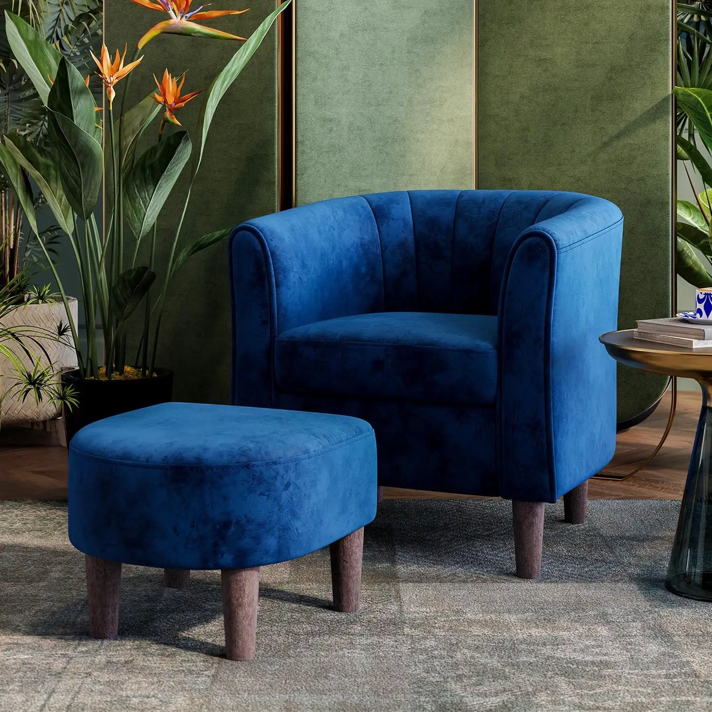 Velvet Accent Chair With Ottoman Modern Barrel Armchair