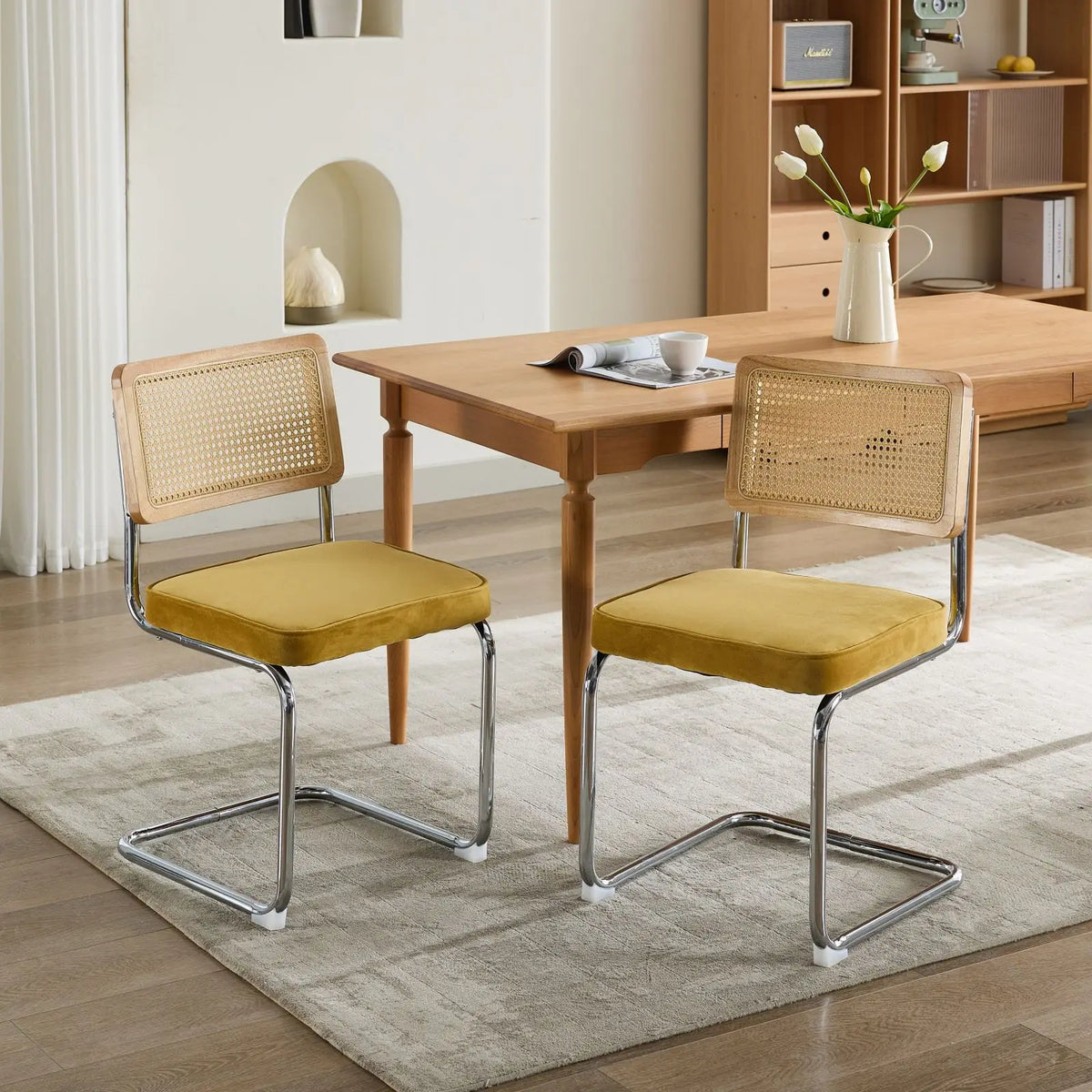 Oakcia Mid-Century Velvet & Cane Dining Chairs – Set of 2