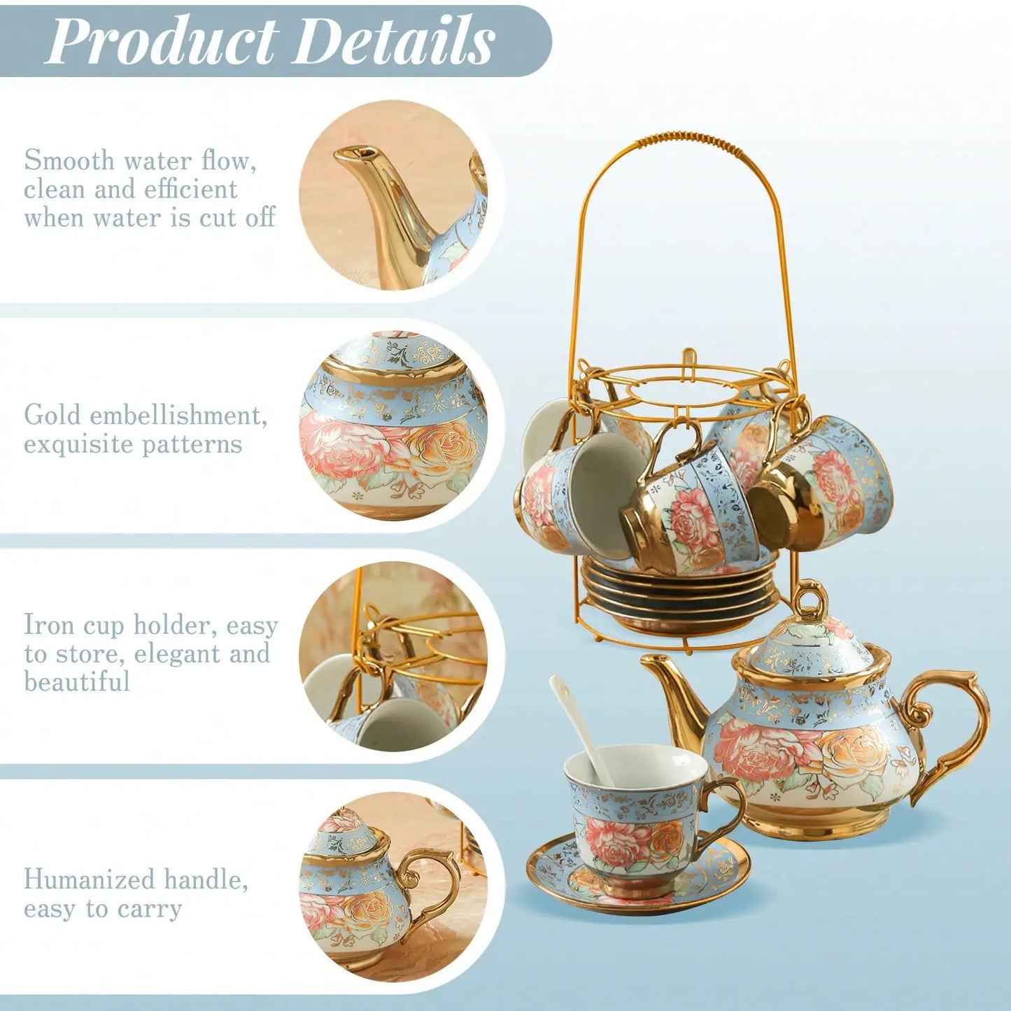 European Porcelain Tea Set With Metal Holder And Floral Pattern