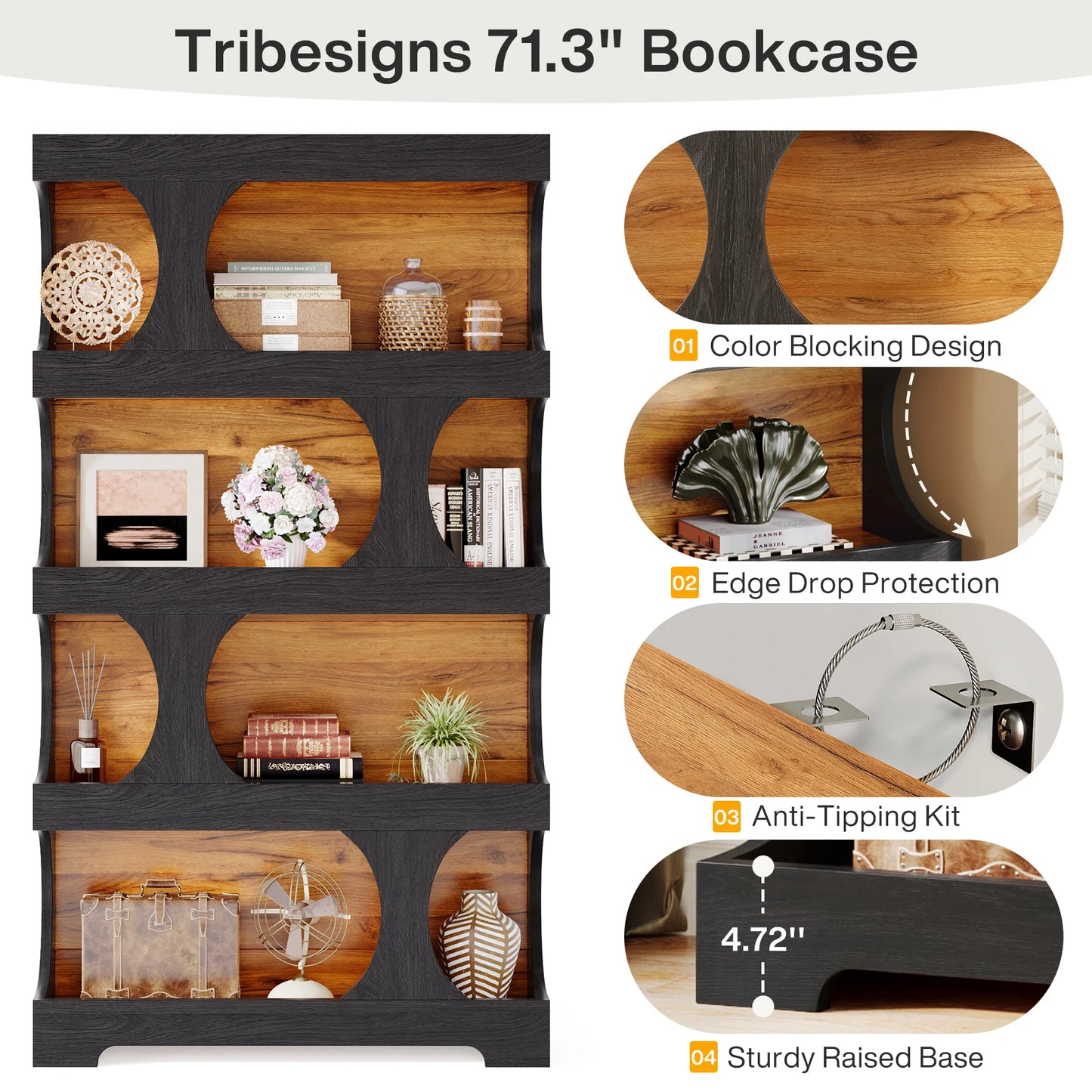 Tribesigns 4 Tier S Shaped Bookcase Modern Wood Display Shelves