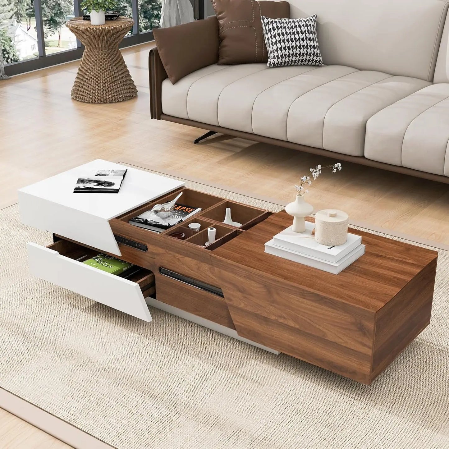 Rectangular Bamboo Coffee Table With Four Drawers And Metal Base