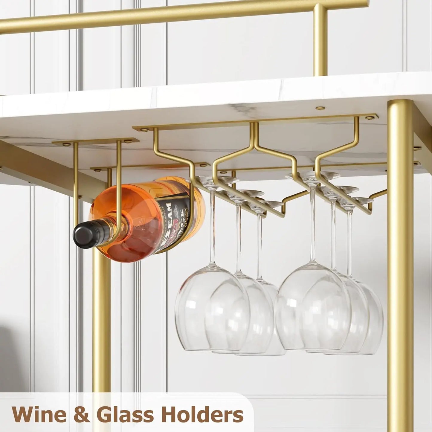 HobbyLane Gold Bar Cart With 4 Tier Storage On Wheels Wine Rack Glass Holder