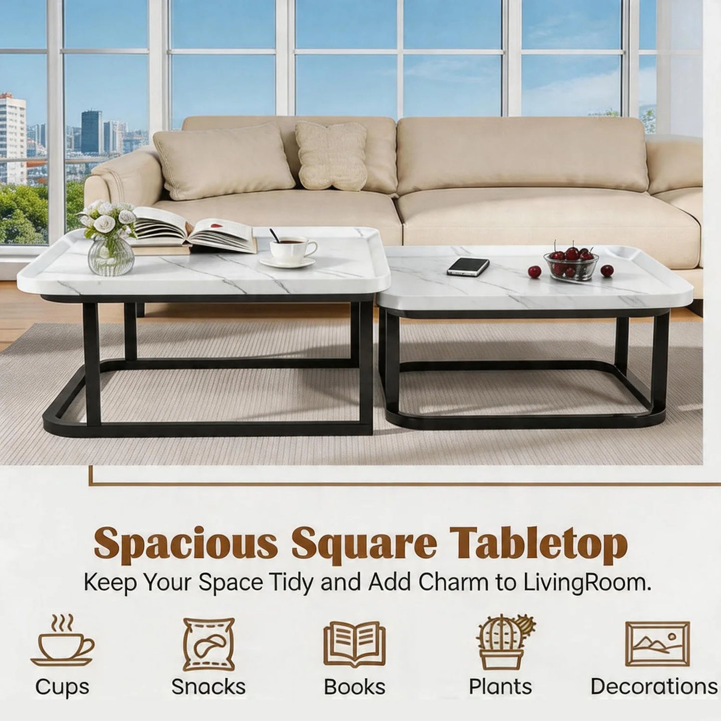 HiMISS Square Nesting Coffee Tables With Fluted Wood Design