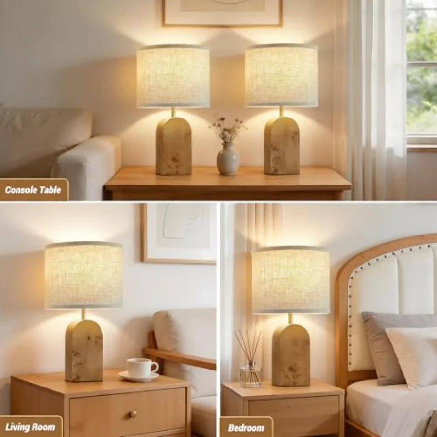 Solar Powered Wooden Bedside Table Lamps Set With Adjustable Lighting