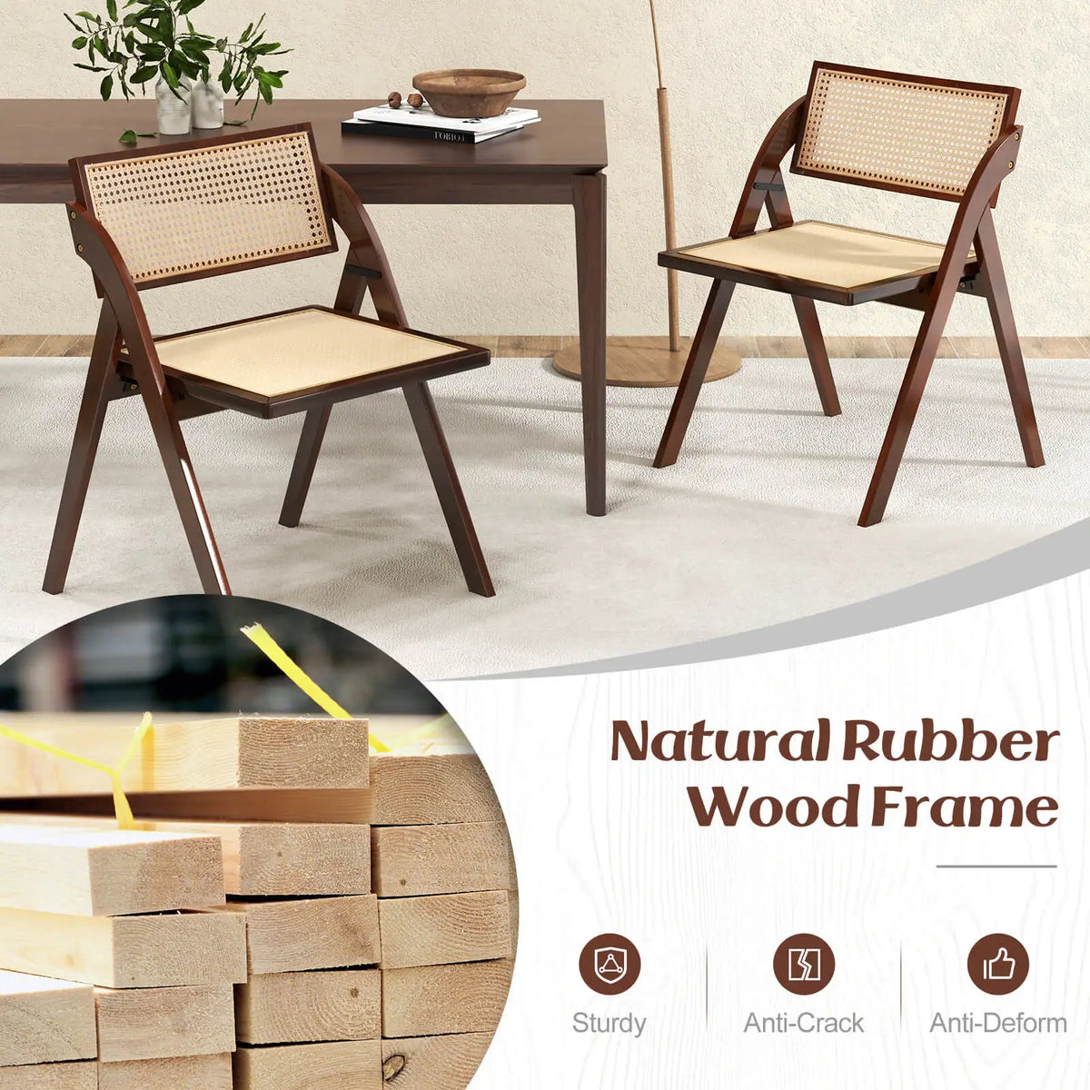 Homasis Foldable Rattan Dining Chairs with Wood Frame