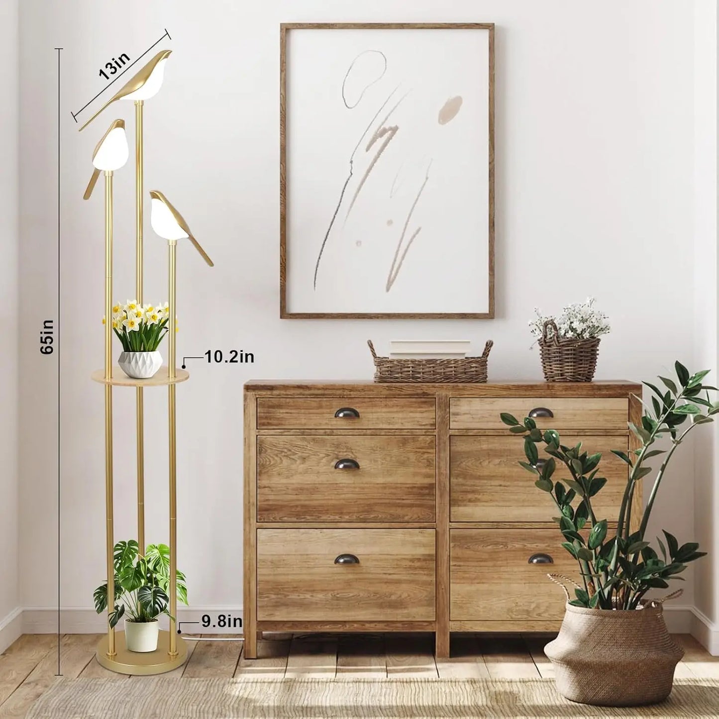 Modern Gold Floor Lamp With Adjustable LED Bird Lights And Wood Shelf