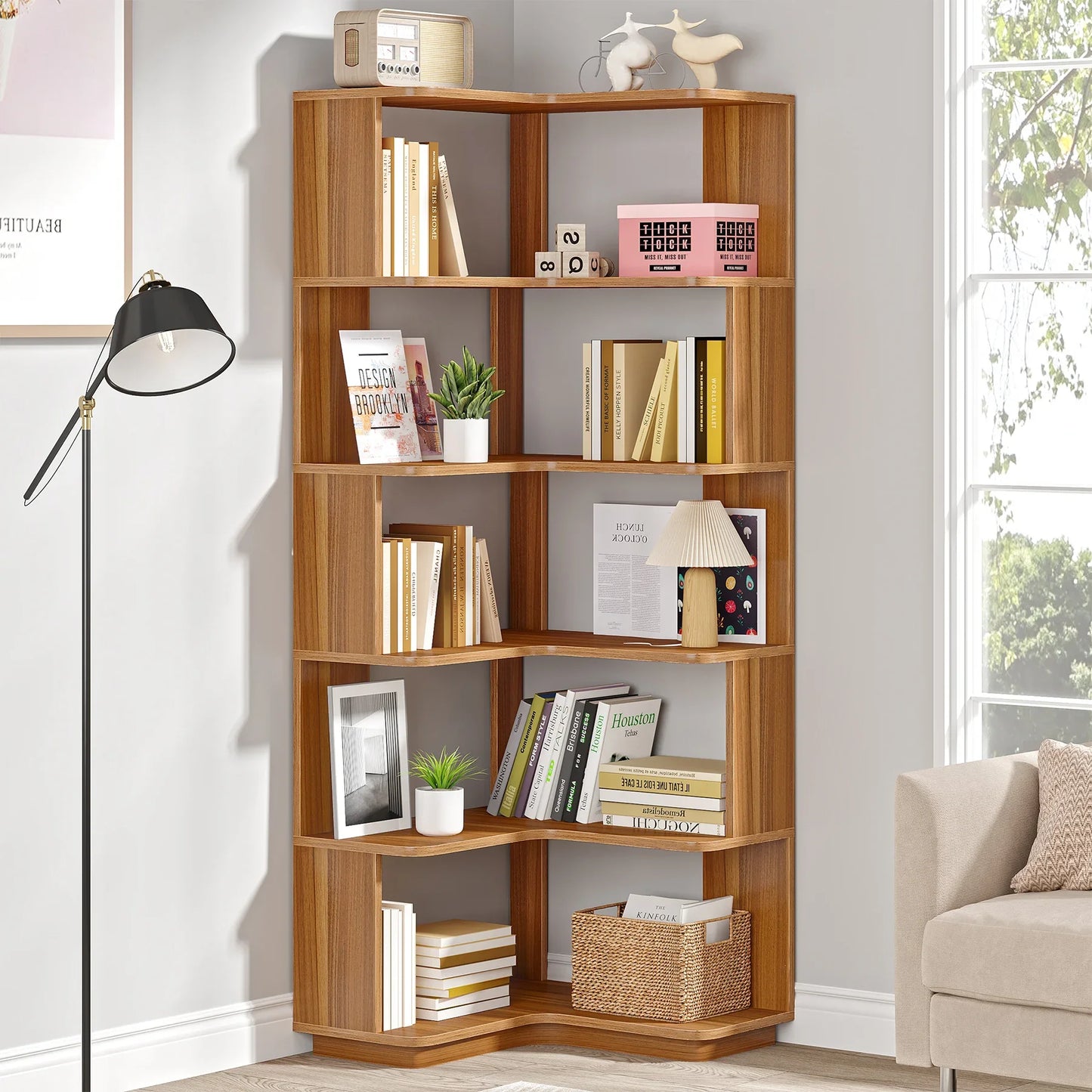 Tribesigns 6 Tier Corner Bookshelf Industrial Wood Grain Corner Shelf