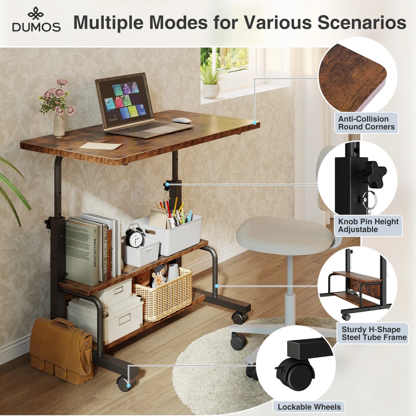 JHK Adjustable Height Mobile Standing Computer Desk With Locking Wheels