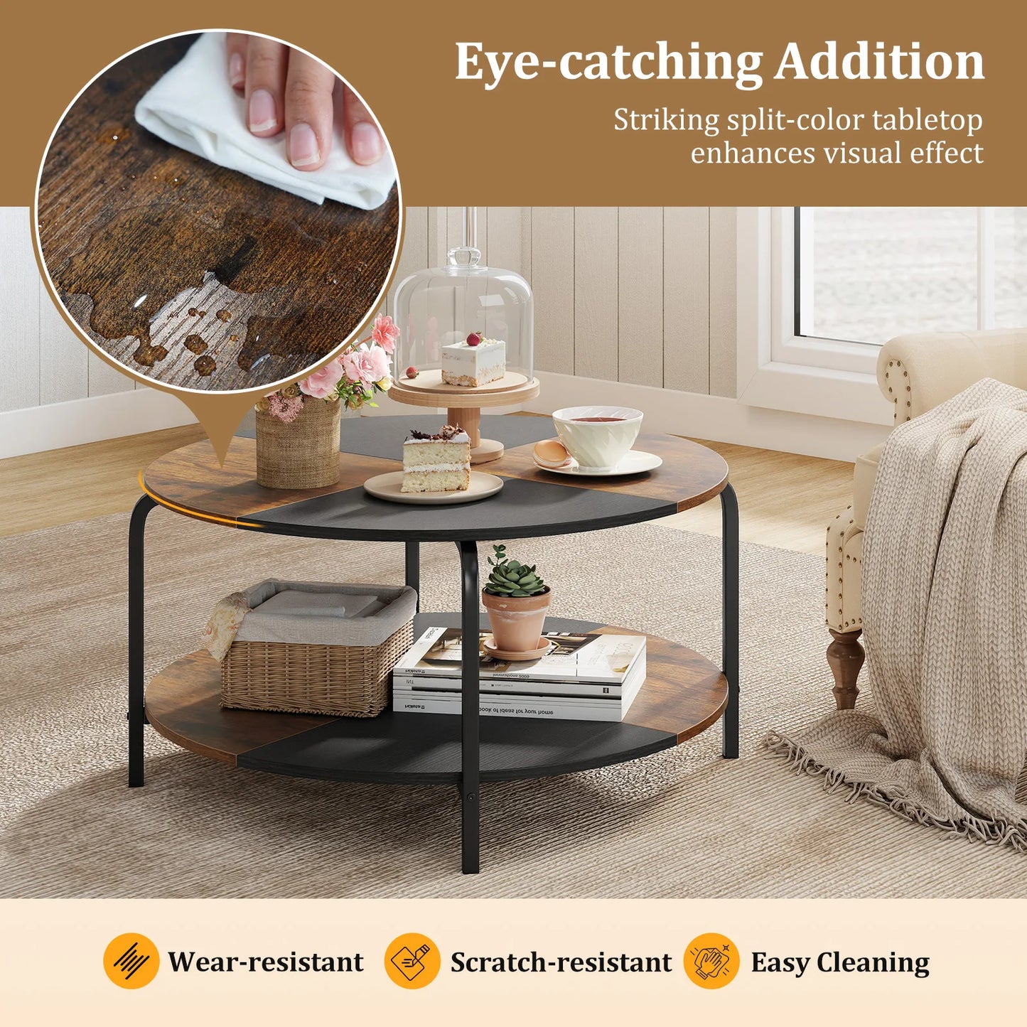 HOMASIS Two Tier Round Coffee Table With Storage Shelf Metal Frame