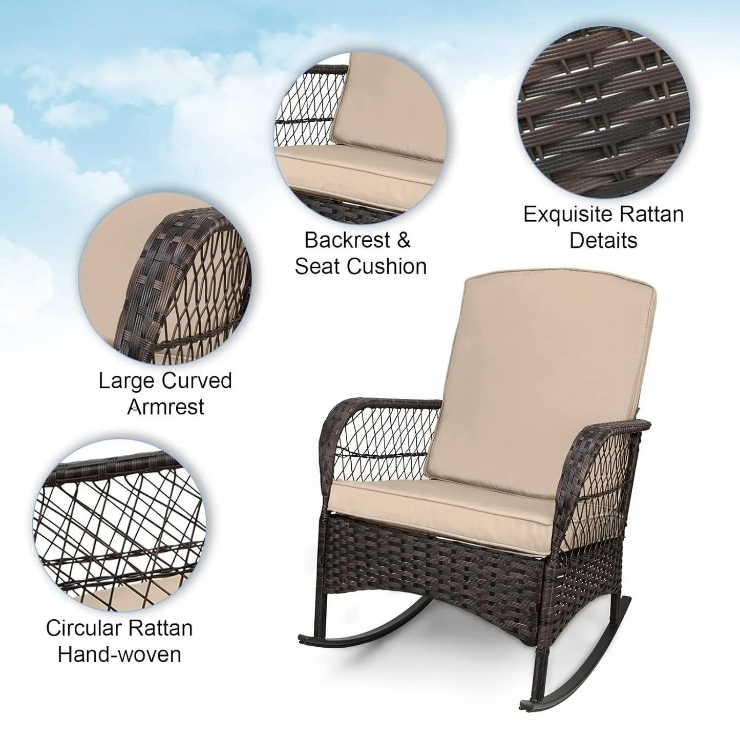 Outdoor 3 Piece Rocking Bistro Set With Glass Table PE Wicker