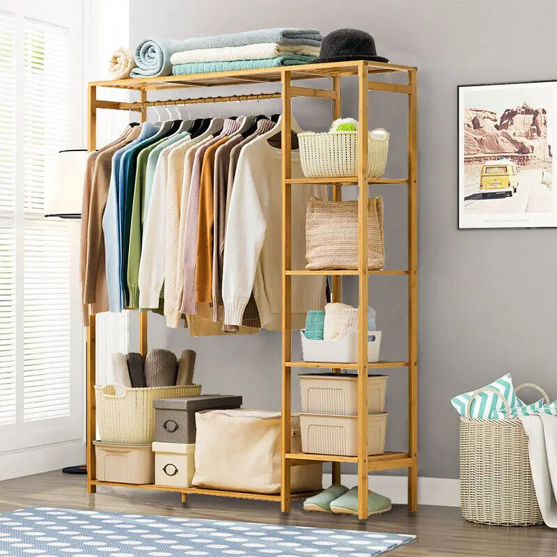 BINGOPAW Bamboo Wood Clothing Rack With Shelves And Coat Storage