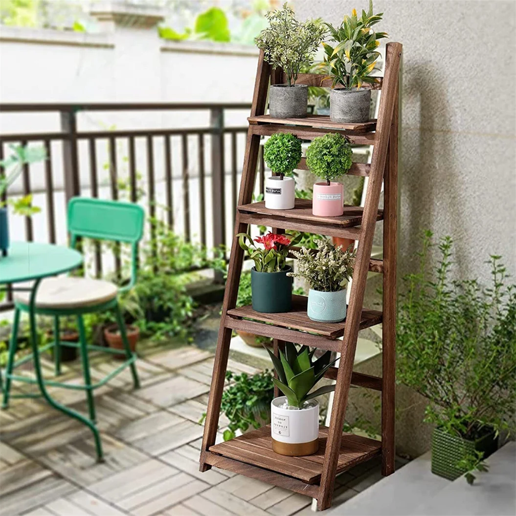 Wisfor 4 Tier Wooden Flower Display Stand For Indoor Outdoor