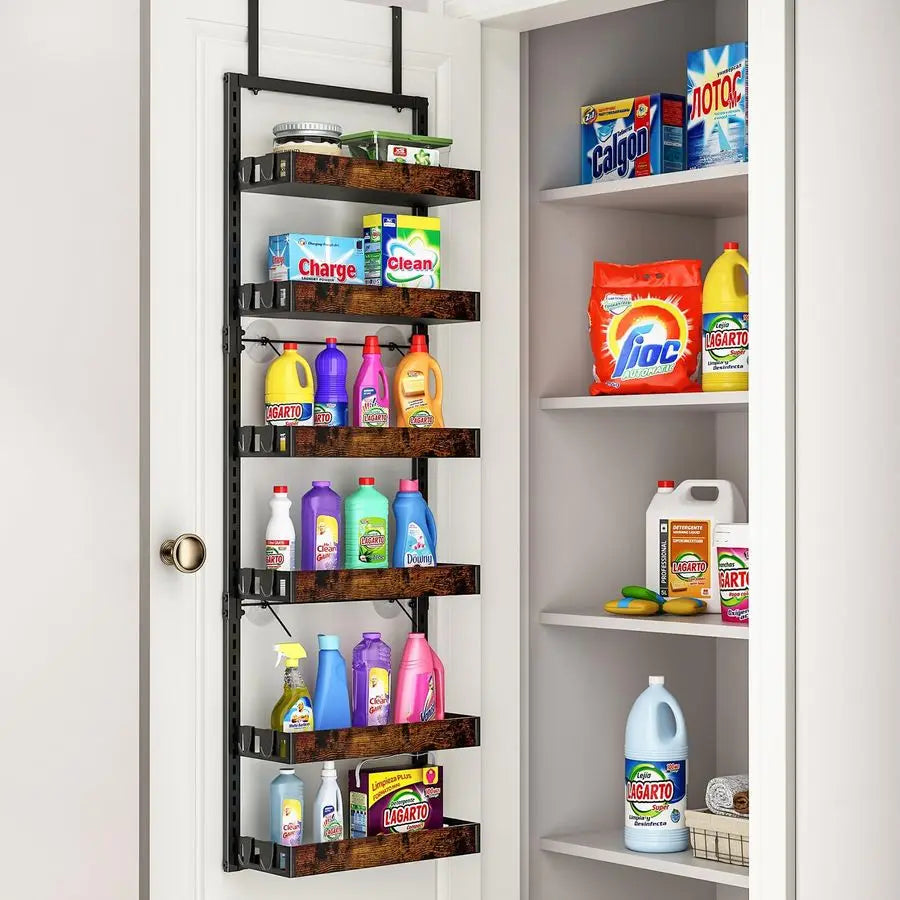 Over the Door Pantry Organizer, 6Tier Adjustable Wooden Basket Kitchen Pantry Door Organization and Storage, HeavyDuty Metal Han