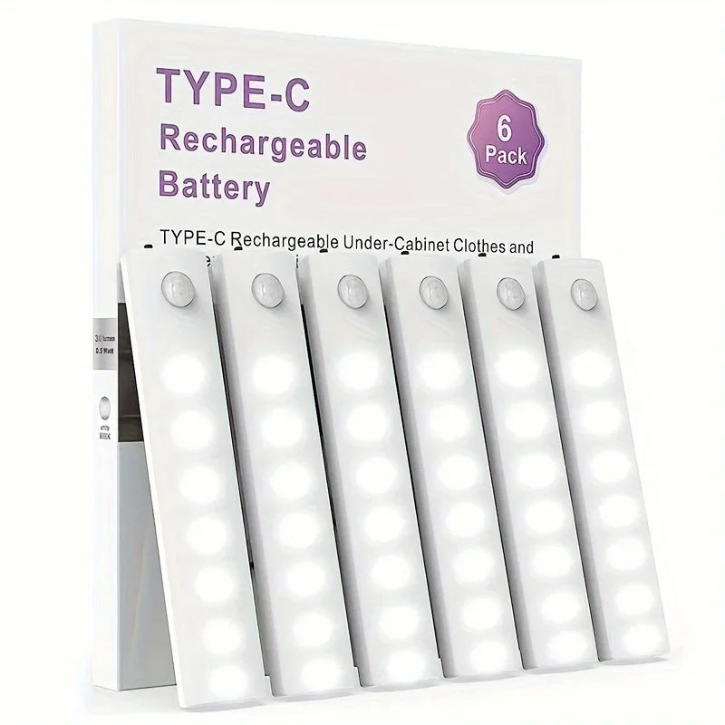 Under Cabinet Motion Sensor LED Lights 6 Pack USB-C Rechargeable