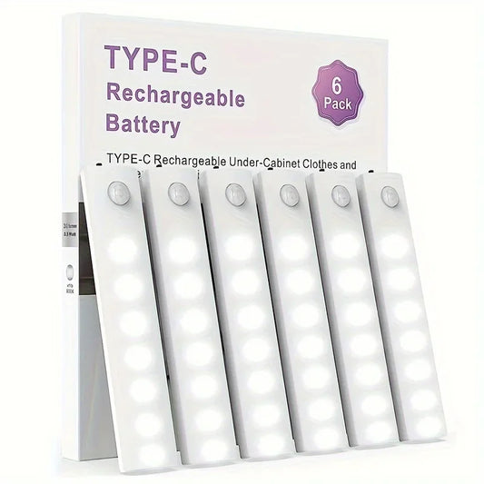 Under Cabinet Motion Sensor LED Lights 6 Pack USB-C Rechargeable