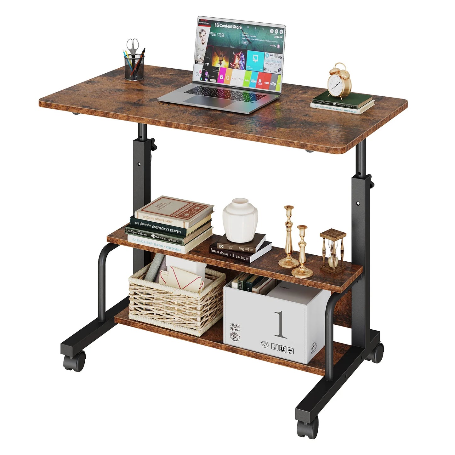 JHK Adjustable Height Mobile Standing Computer Desk With Locking Wheels