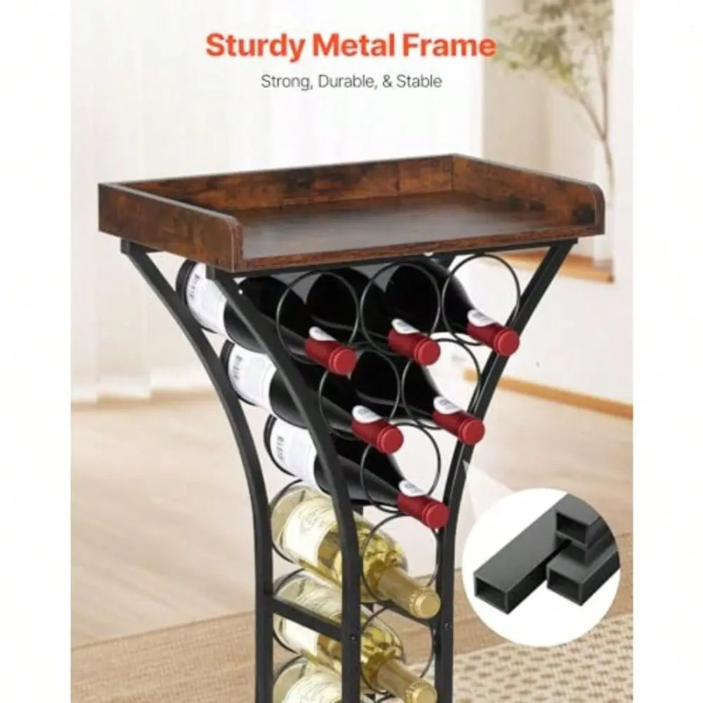 15 Bottle Iron Freestanding Wine Rack With Wood Tabletop Bar