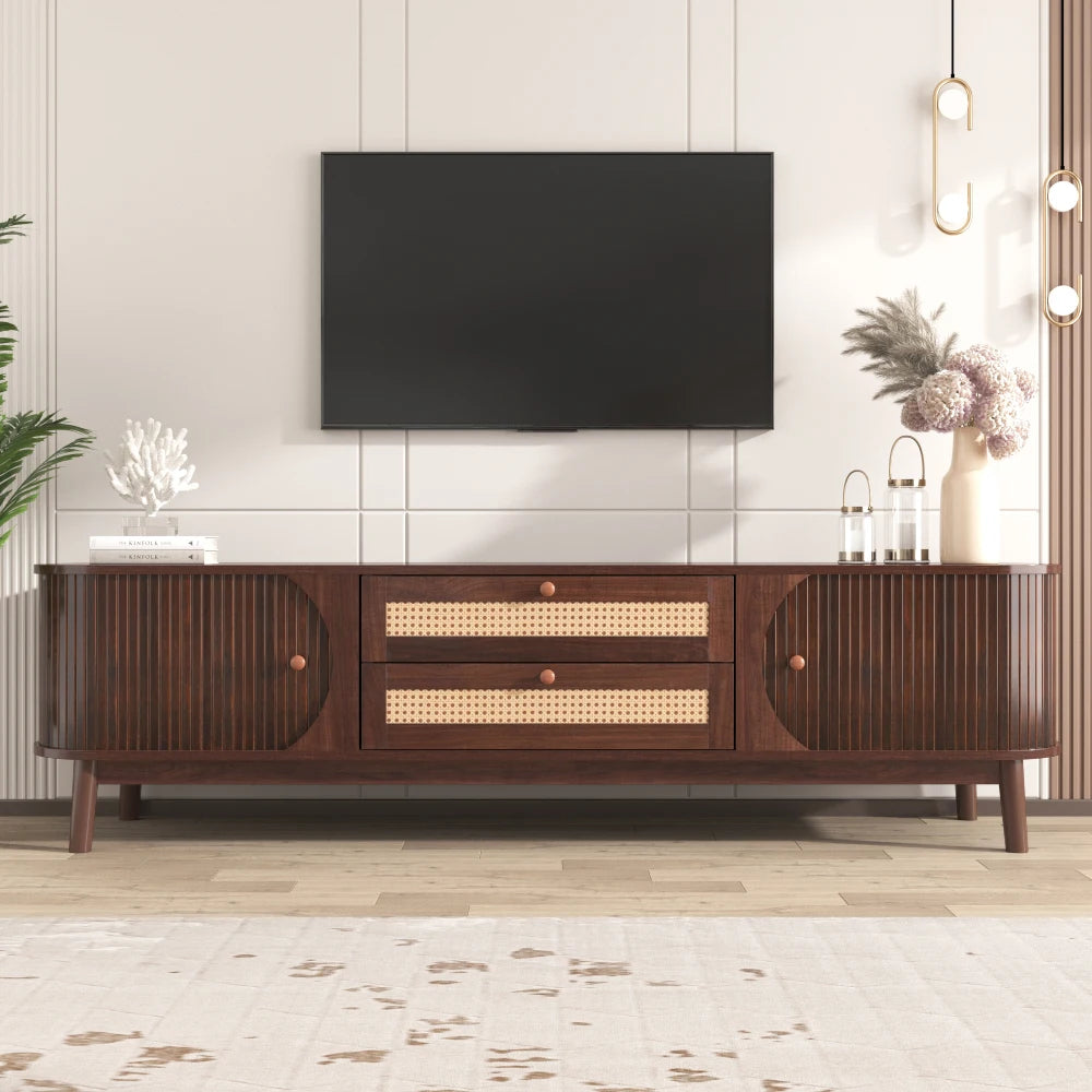 Rattan TV Stand Modern Farmhouse Media Console With Wood Legs