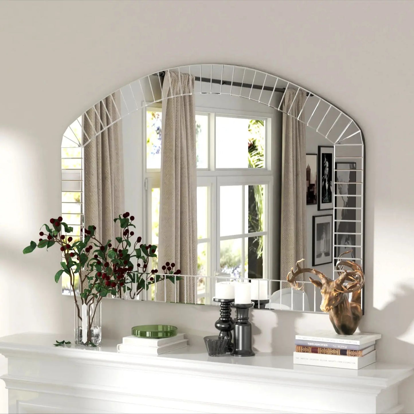 Arched Wall Mirror With Bling Beveled Edge In Silver Glass