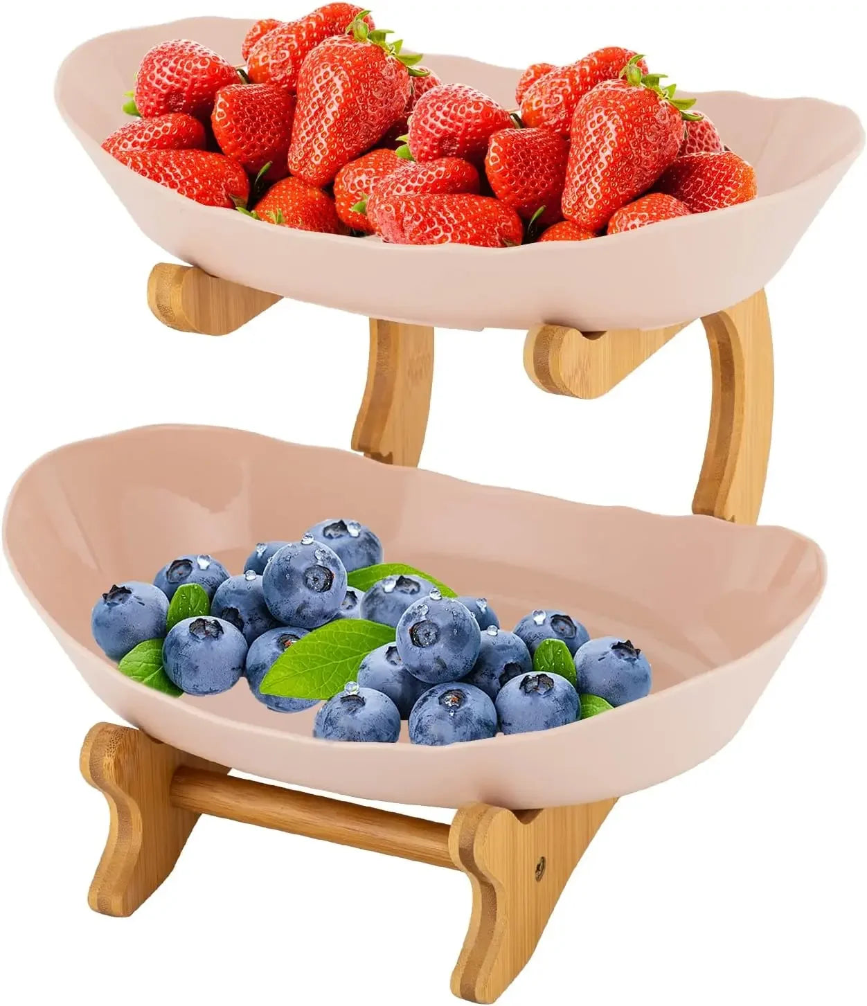 Two Tier Bamboo Wood Frame Fruit Bowl Stand PP Bowls