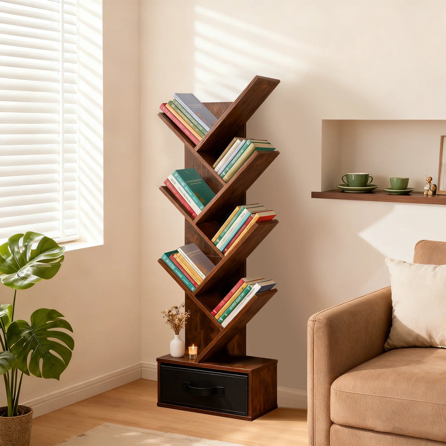 JHK Geometric Wooden 7-Tier Corner Bookshelf With Drawer