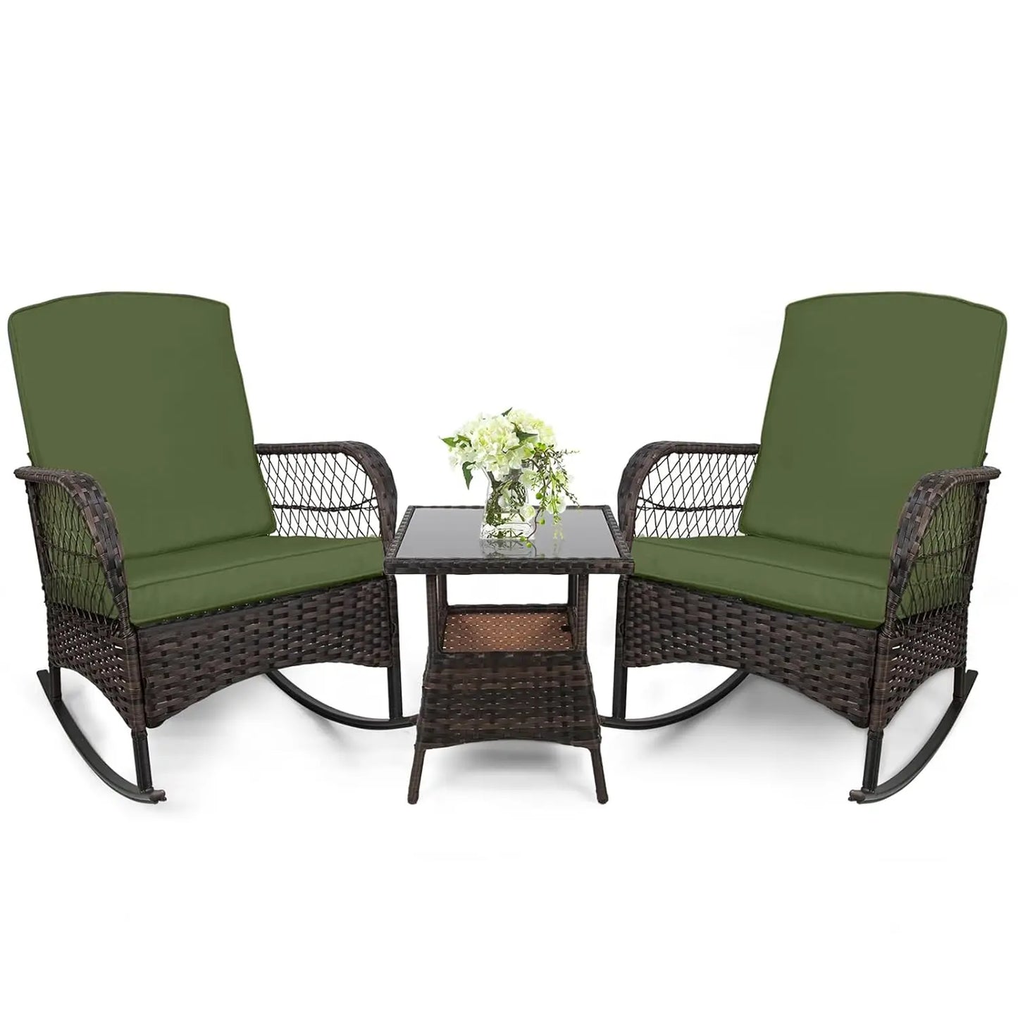 Outdoor 3 Piece Rocking Bistro Set With Glass Table PE Wicker