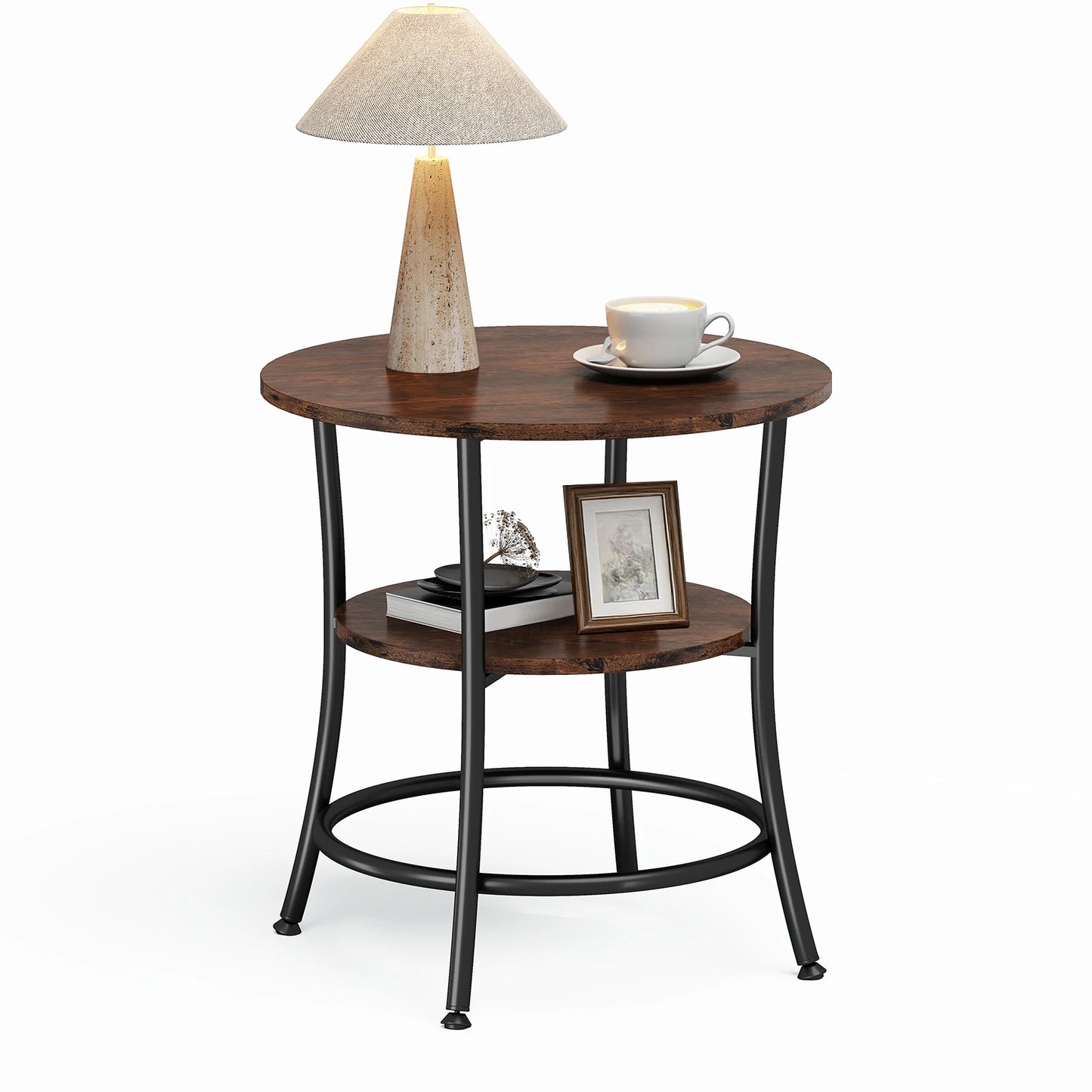 JHK Two Tier Round Coffee Table Metal Frame Storage Shelf