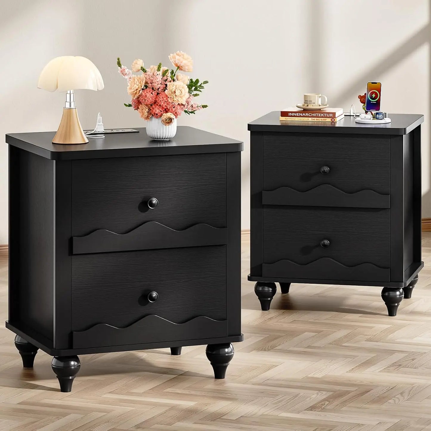 Frame Nightstands With Charging Station Set Of 2 Scalloped