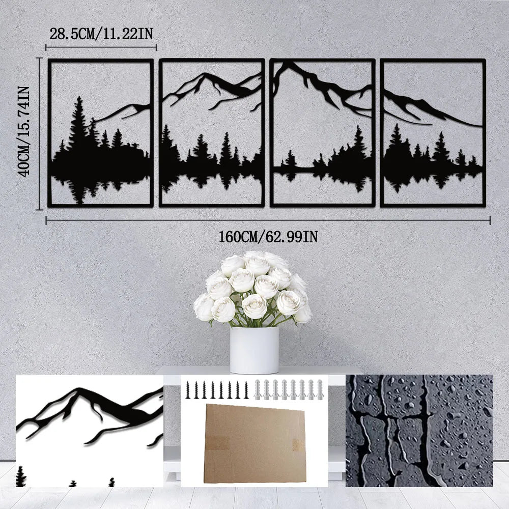 Four Piece Metal Mountain Wall Art For Modern Home Decor
