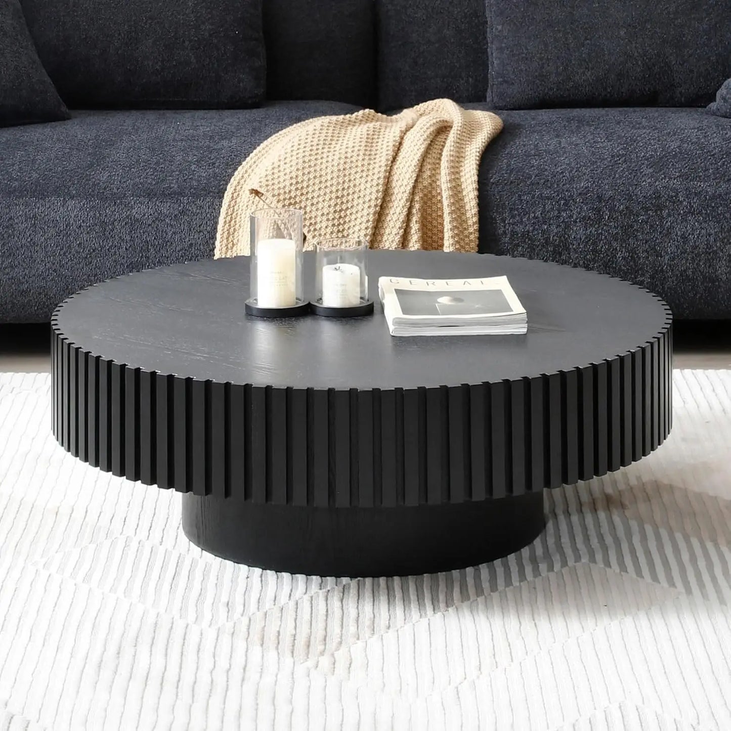 Oak Round Coffee Table Wood Modern Drum Fluted Circle