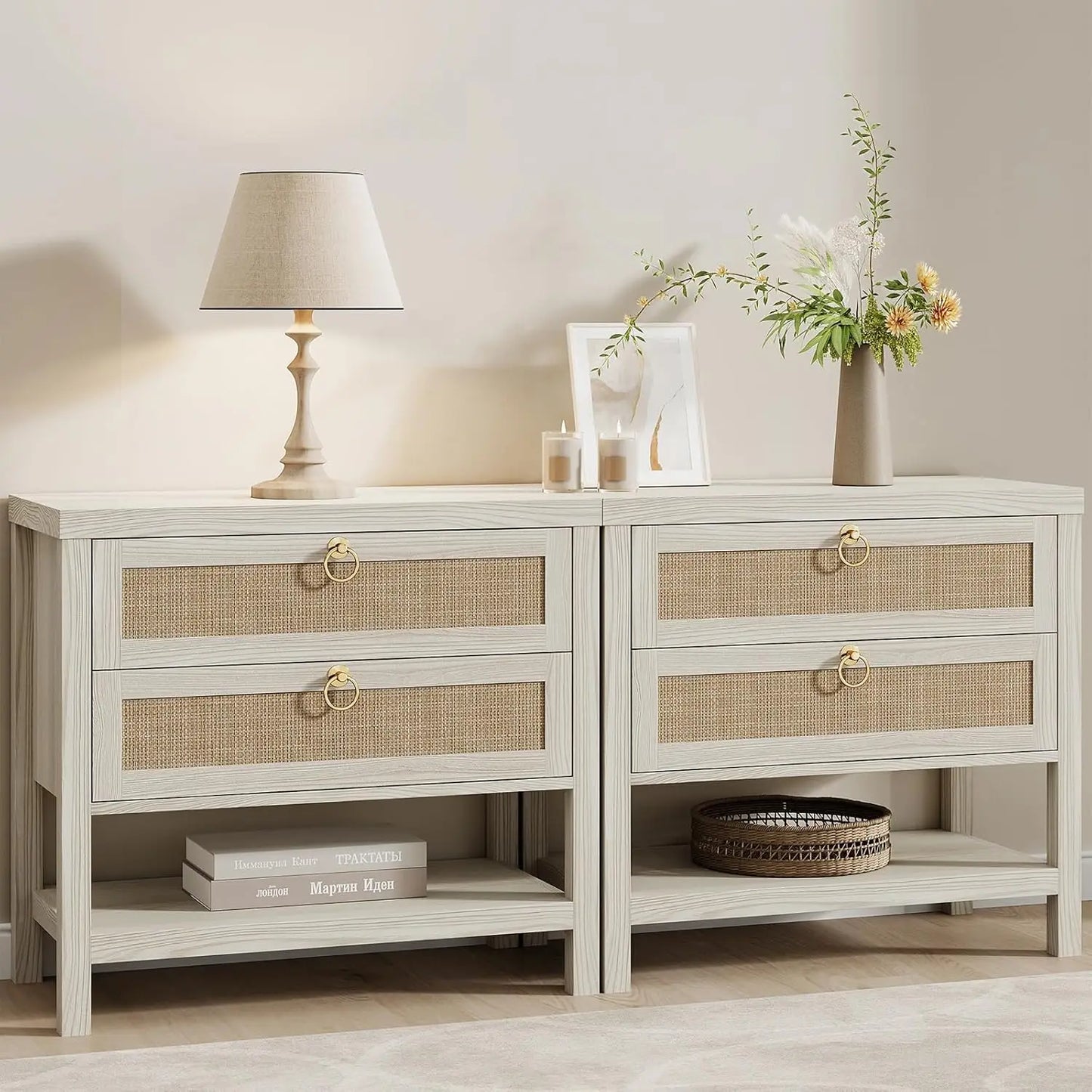 Rattan Nightstands Set of 2 Boho Style Bedroom End Tables