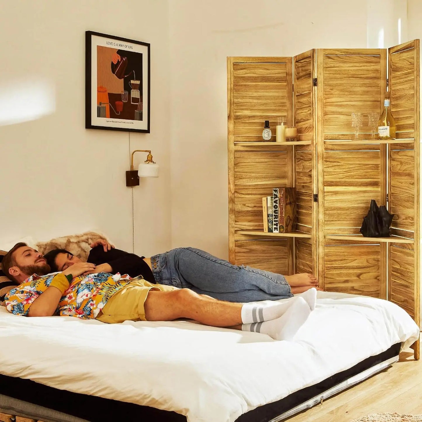 Wood Folding Privacy Screen Partition With Shelves For Home Use