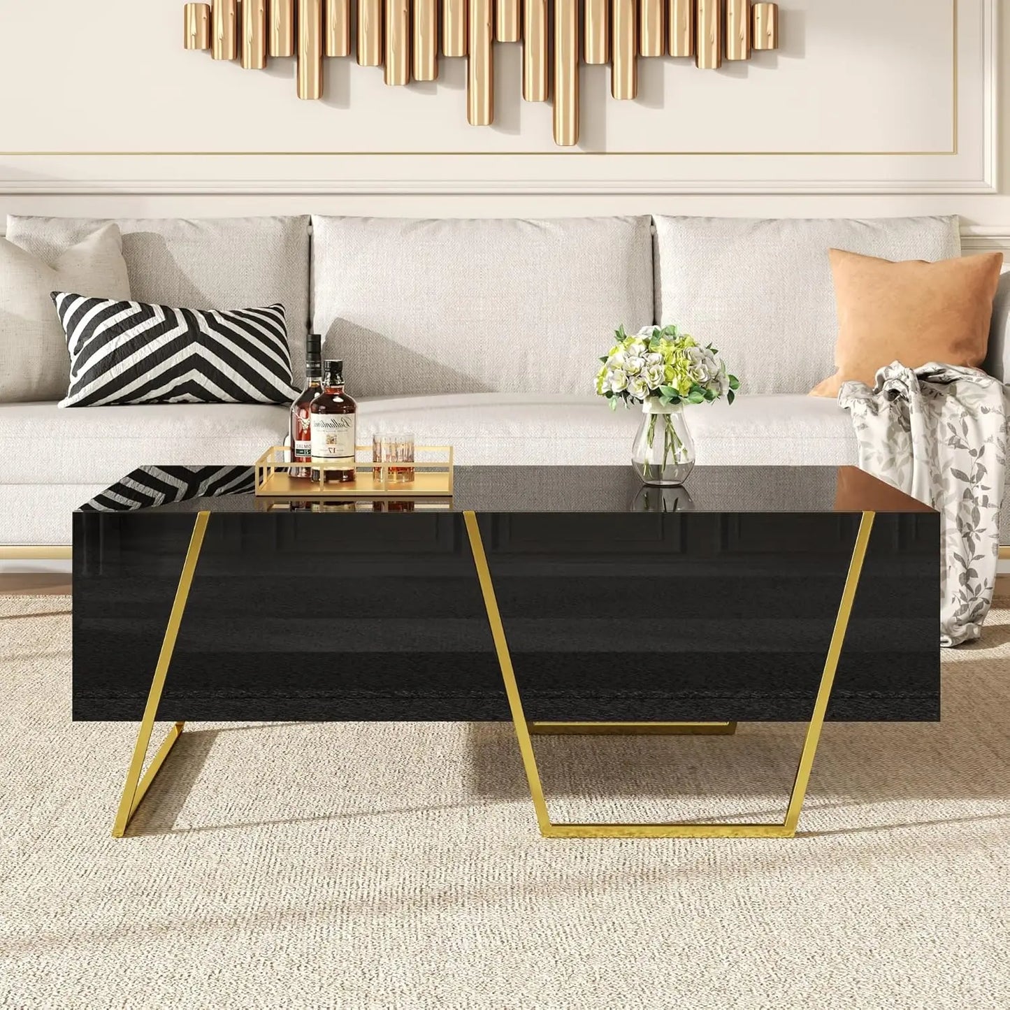 Rectangular Bamboo Coffee Table With Four Drawers And Metal Base