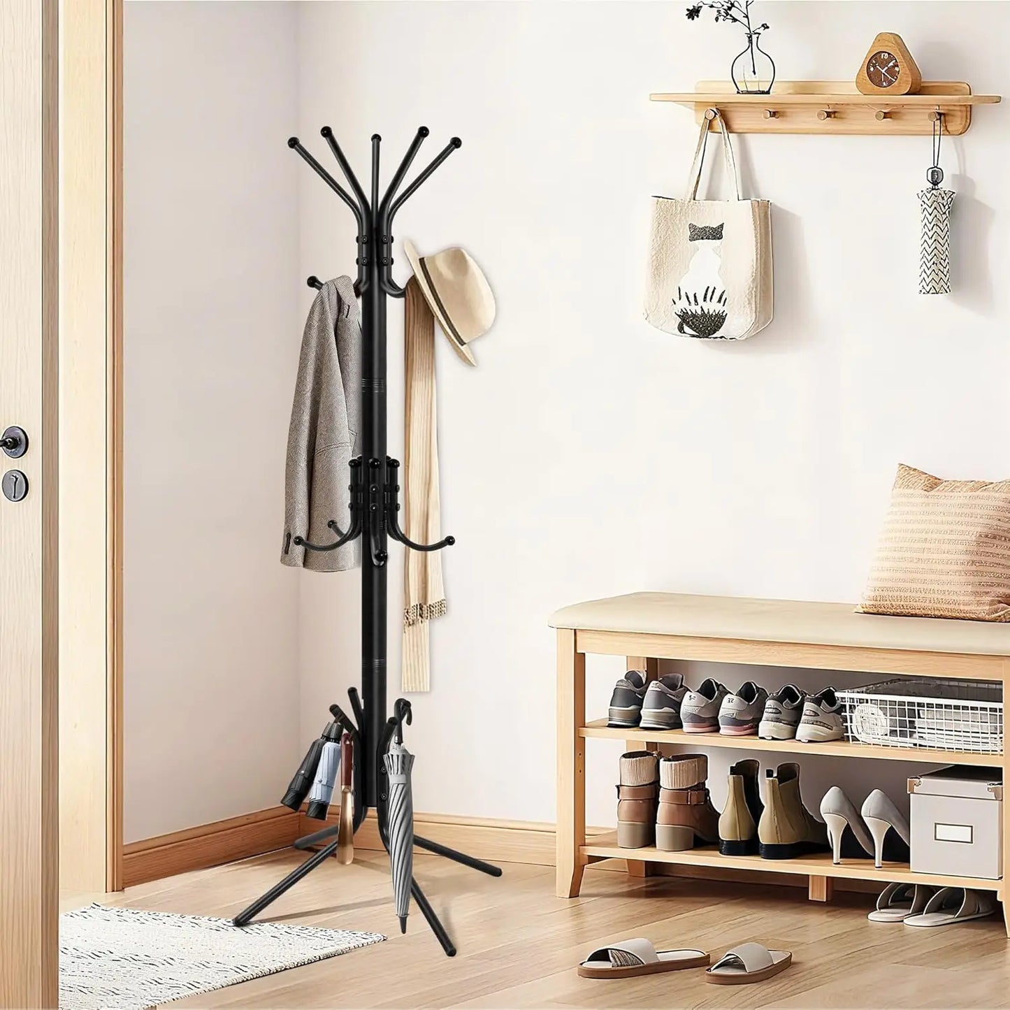 Freestanding Coat Rack With 15 Hooks Hall Tree For Entryway