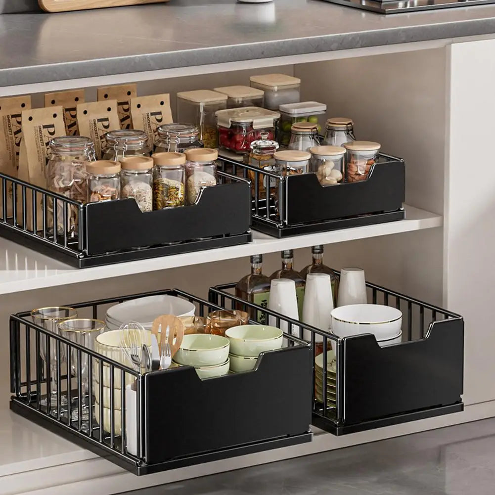 Pull Out Cabinet Organizer, Carbon Steel Foldable Slide Out Drawers Storage Rack For Kitchen Cabinets Bathroom Cabinet Organizer
