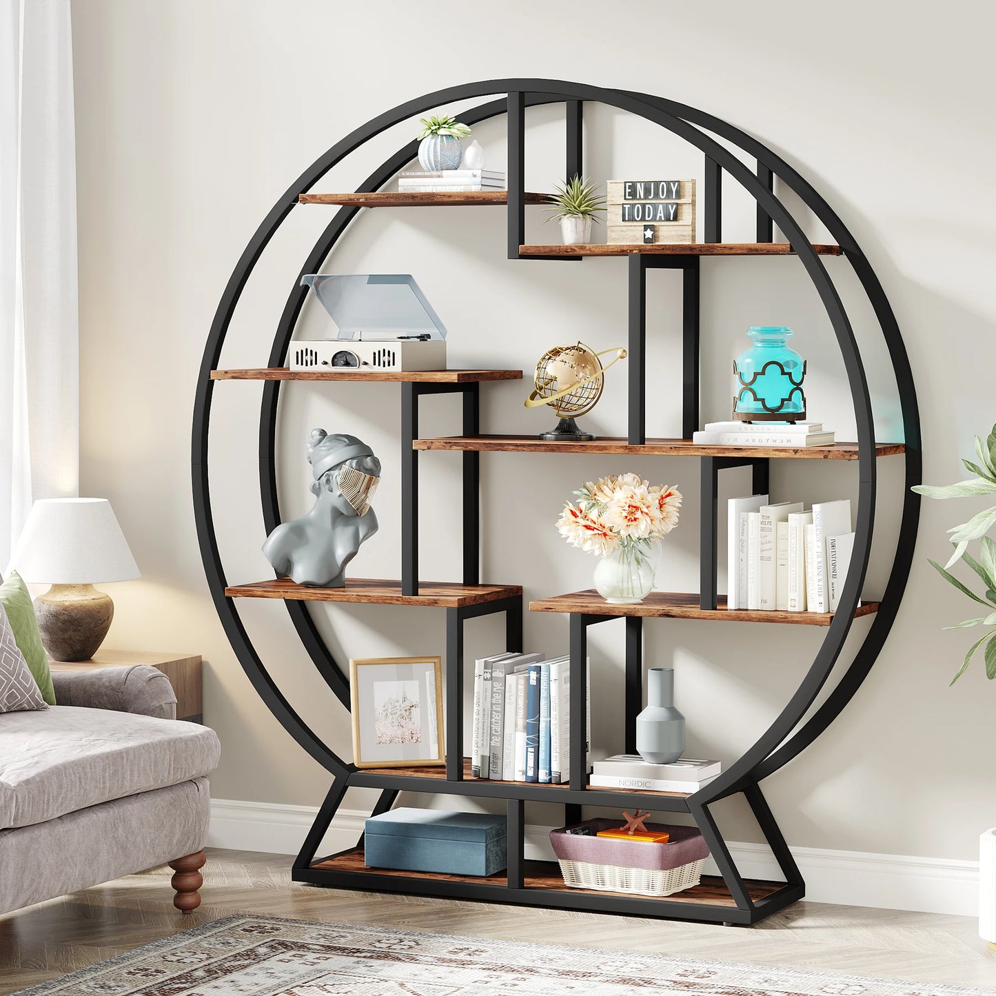 Tribesigns Industrial Wood Etagere Bookshelf With Staggered Shelves