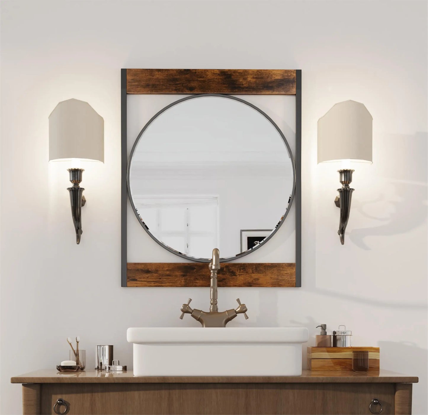 Industrial Metal Wood Framed Wall Mount Mirror For Living Room