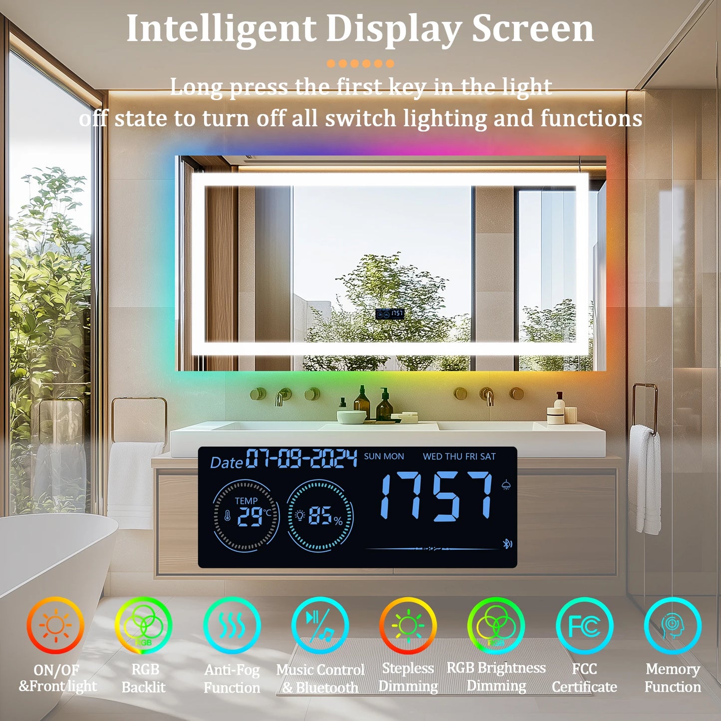 Rectangular LED Bathroom Mirror Front-Lit RGB Backlight Touch Antifog Bluetooth