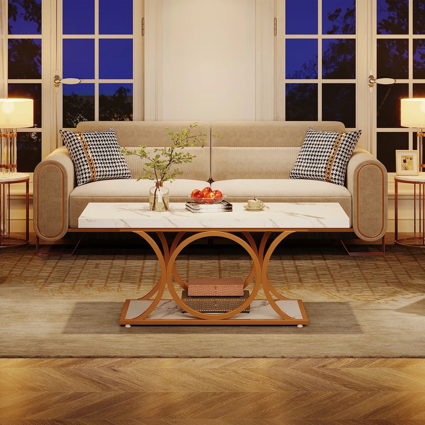 Tribesigns Rectangle Coffee Table Modern 2 Tier Faux Marble Wood