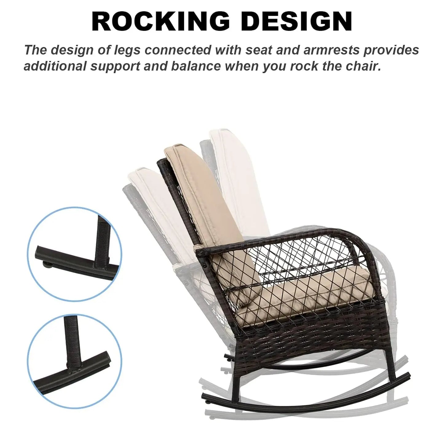 Outdoor 3 Piece Rocking Bistro Set With Glass Table PE Wicker