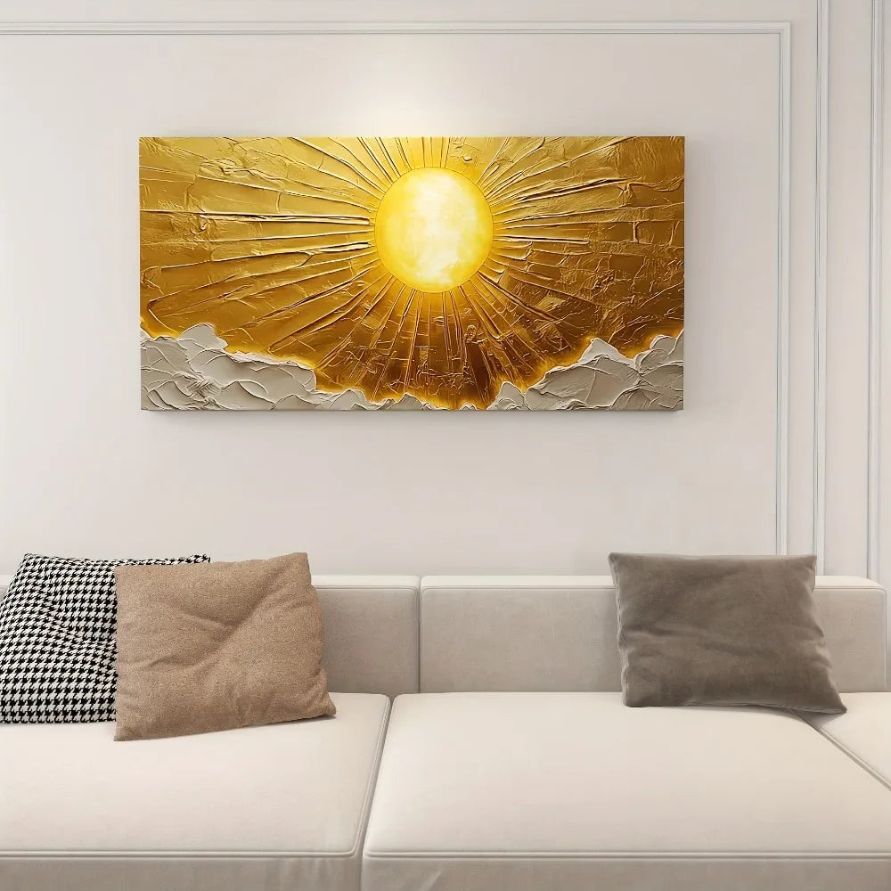 Abstract Sun Canvas Wall Art With Pine Frame For Interior Decor