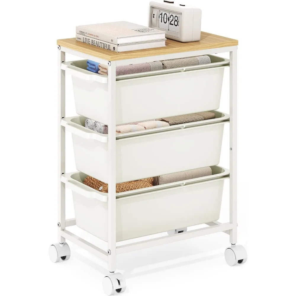 NBVCX Three Drawer Rolling Cart With Wood Top For Bedroom