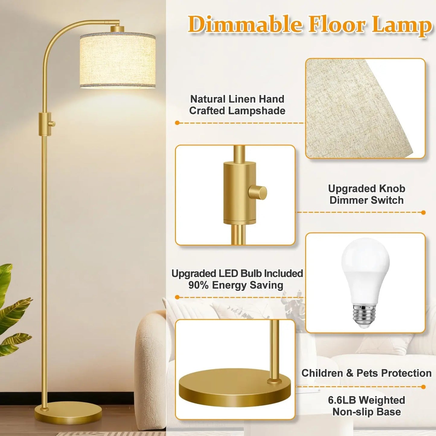 Modern Arc Dimmable Floor Lamp With Linen Shade 1200 Lumens LED Bulb Included